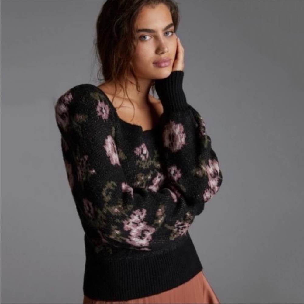 Anthropologie Black Floral Square Neck Puff Sleeve Sweater Women's S